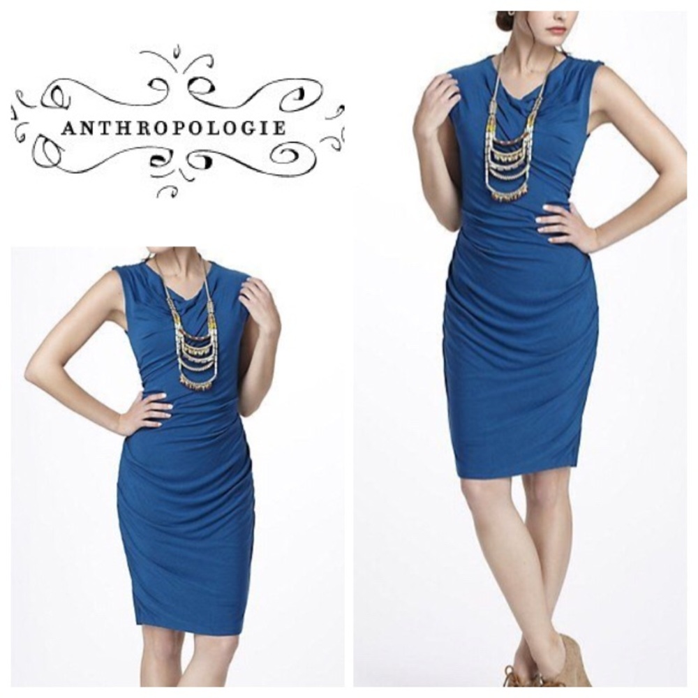 Anthro - Bordeaux Given then Gathered Blue-Green Gathered Dress